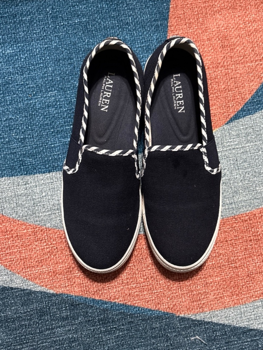 Lauren Ralph Lauren Navy Canvas Slip-On Loafers with Striped Trim